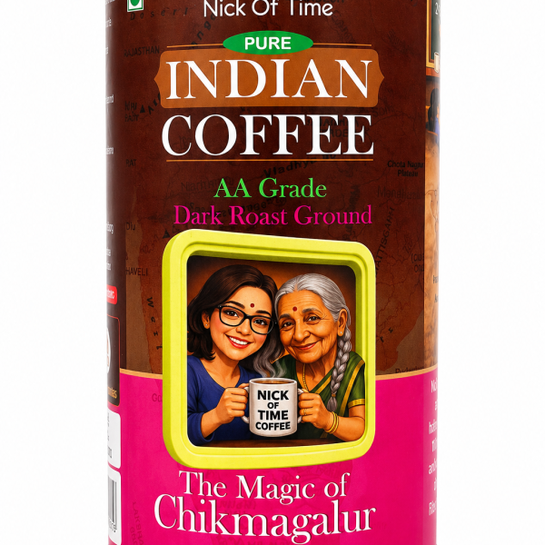 Nick Of Time Indian Coffee Ground | 100% Arabica AA Grade Dark Roast | Enjoyed Across 14 Countries for 10+ Years | Sourced from Chikmagalur, India | (400g|14.10 oz)