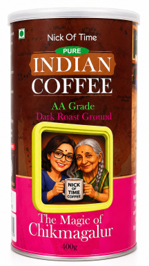 Nick Of Time Indian Coffee Ground | 100% Arabica AA Grade Dark Roast | Enjoyed Across 14 Countries for 10+ Years | Sourced from Chikmagalur, India | (400g|14.10 oz)