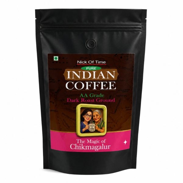 Nick Of Time Indian Coffee Ground | 100% Arabica AA Grade Dark Roast | Enjoyed Across 14 Countries for 10+ Years | Sourced from Chikmagalur, India | (1kg | 35.27 oz)