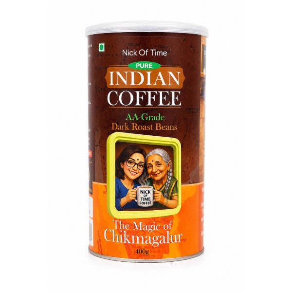 Nick Of Time Indian Coffee Beans | 100% Arabica AA Grade Dark Roast | Enjoyed Across 14 Countries for 10+ Years | Sourced from Chikmagalur, India | (400g|14.10 oz)