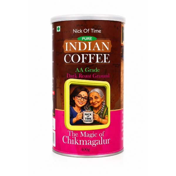 Nick Of Time Indian Coffee Ground | 100% Arabica AA Grade Dark Roast | Enjoyed Across 14 Countries for 10+ Years | Sourced from Chikmagalur, India | (400g|14.10 oz)